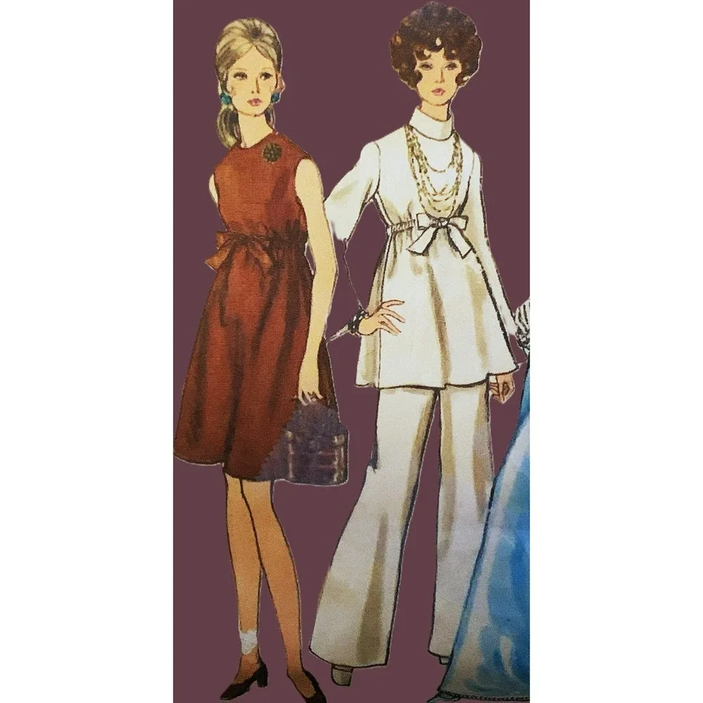 Vogue Pattern 60s Retro Empire Adj Dress Gown Wide Flared Pant EZ Maternity 34